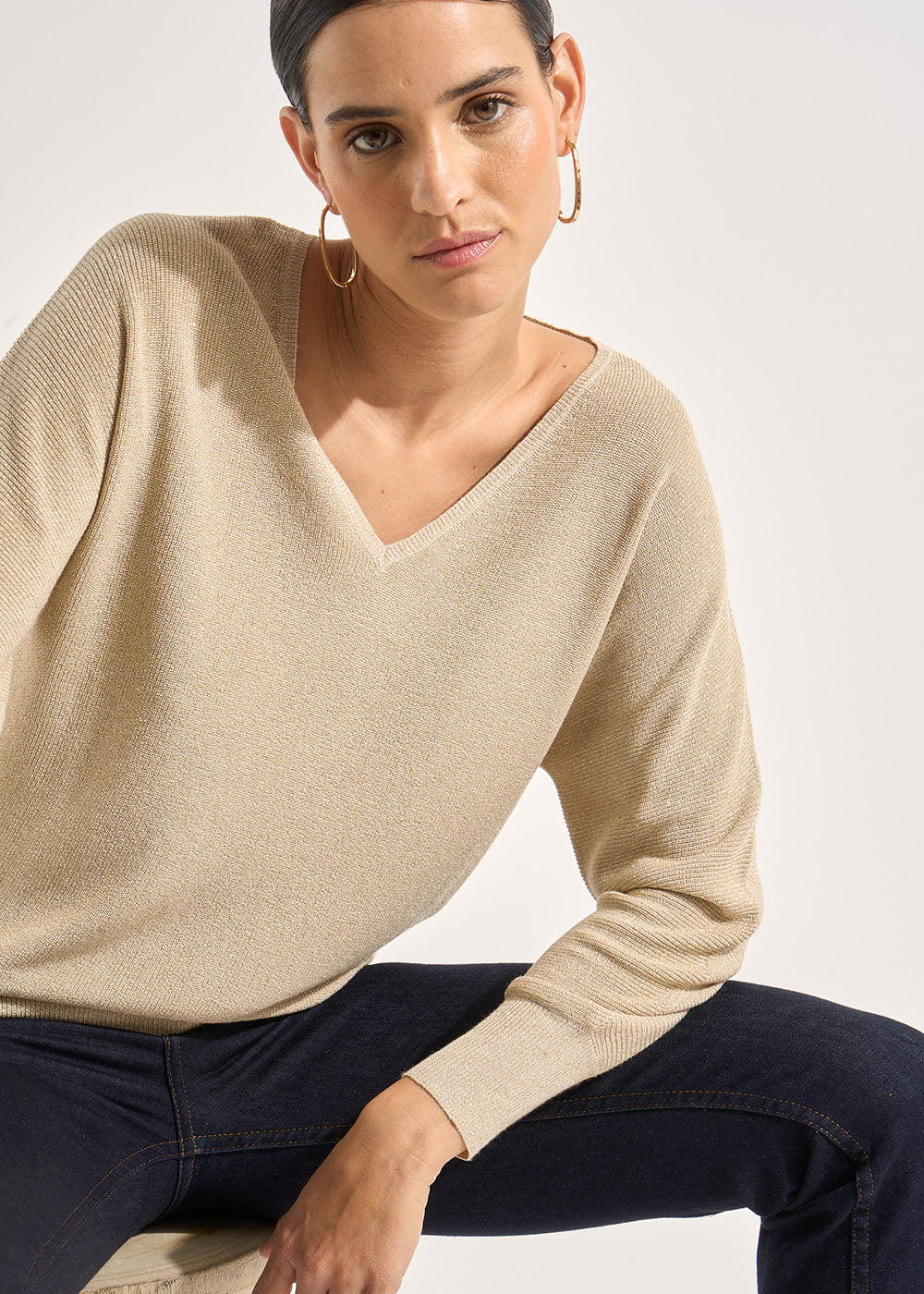 MACARENOU Pull col V manches chauve-souris avec fils lurex - 1 - Sud Express - Sud Express