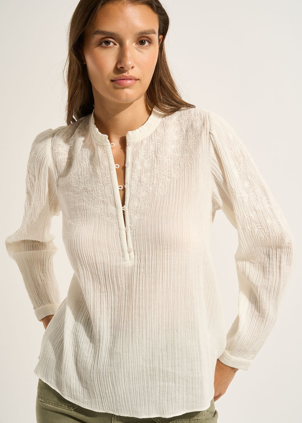 TADOULI Blouse en double gaze de coton brodée à manches longues - 1 - Sud Express - Sud Express