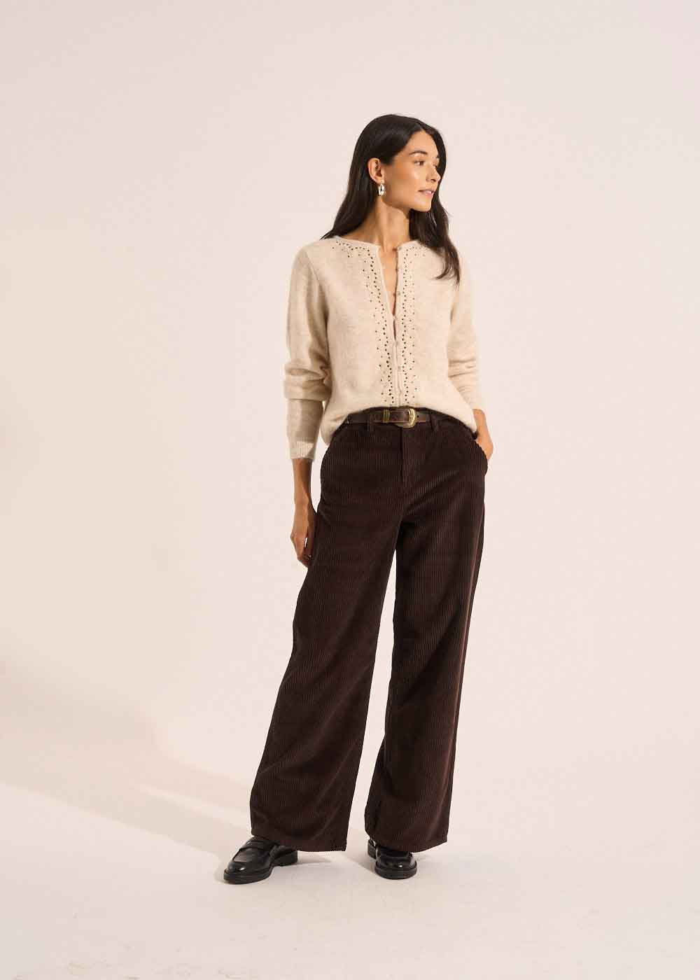 Pantalon large en velours de coton taille haute MARRON POMMI