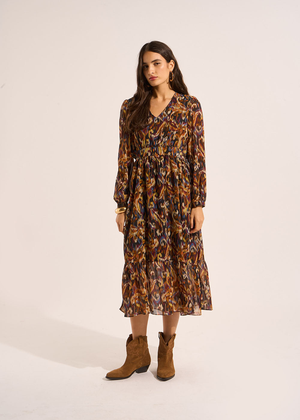 RELOYA Robe longue imprimée avec un col V et des manches longues bouffantes - 1 - Sud Express - Sud Express