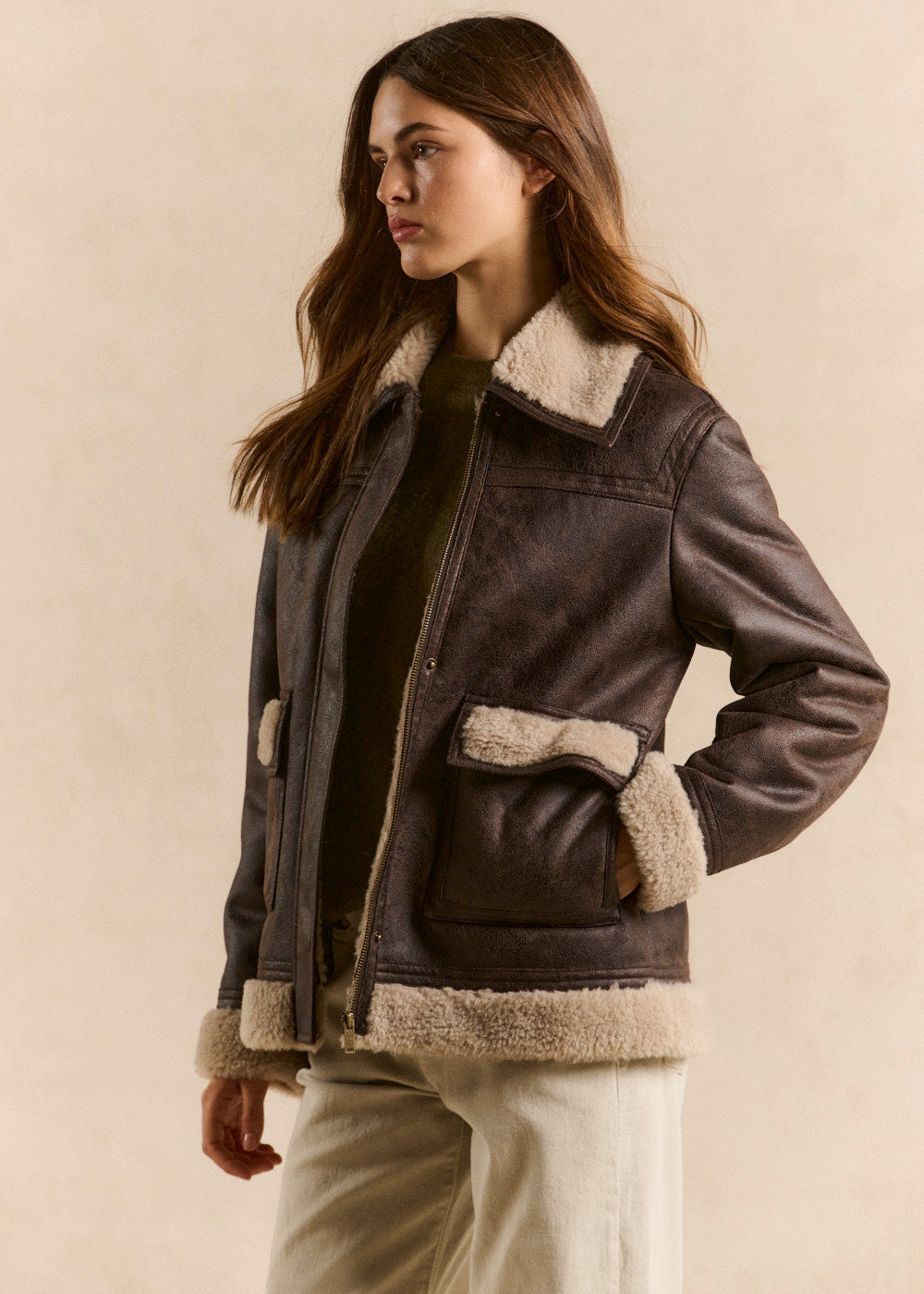 MANDARINE Veste droite effet suede col fourrure - 4 - Sud Express - Sud Express