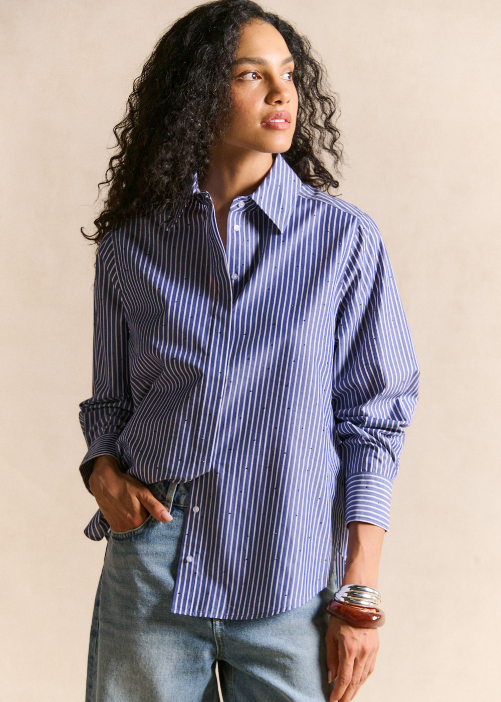 Chemise à rayures oversize détails strass - Sud Express - 1 - Sud Express
