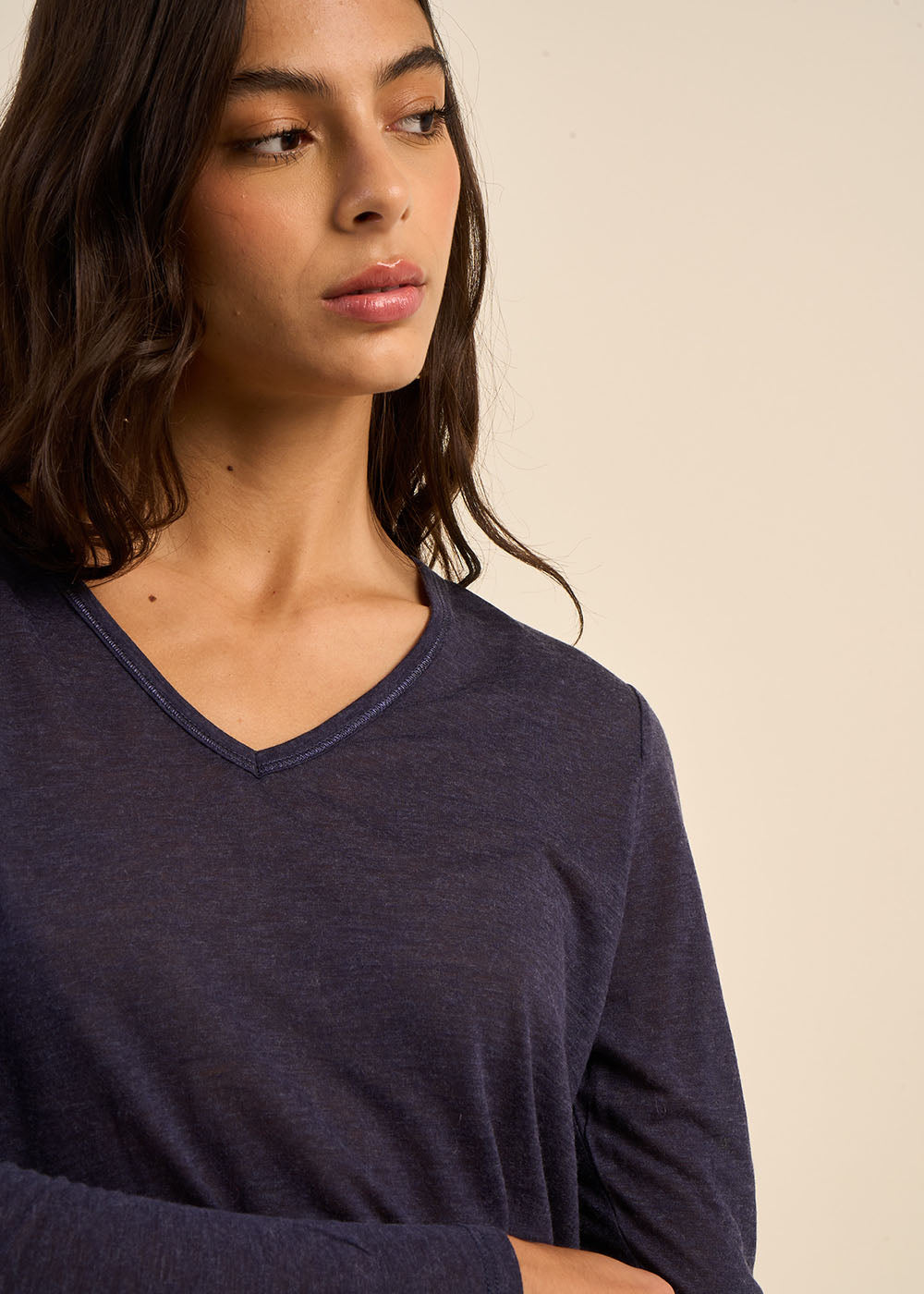 TASSINA Tee-shirt col V et manches 3/4 en voile de laine - 2 - Sud Express - Sud Express