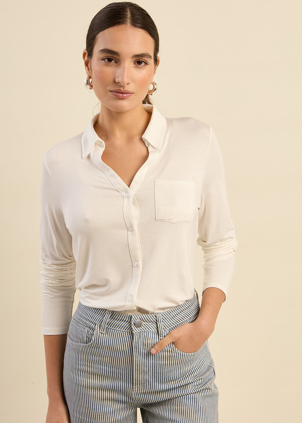 CHIARA T-shirt col chemise manches longues - 1 - Sud Express - Sud Express
