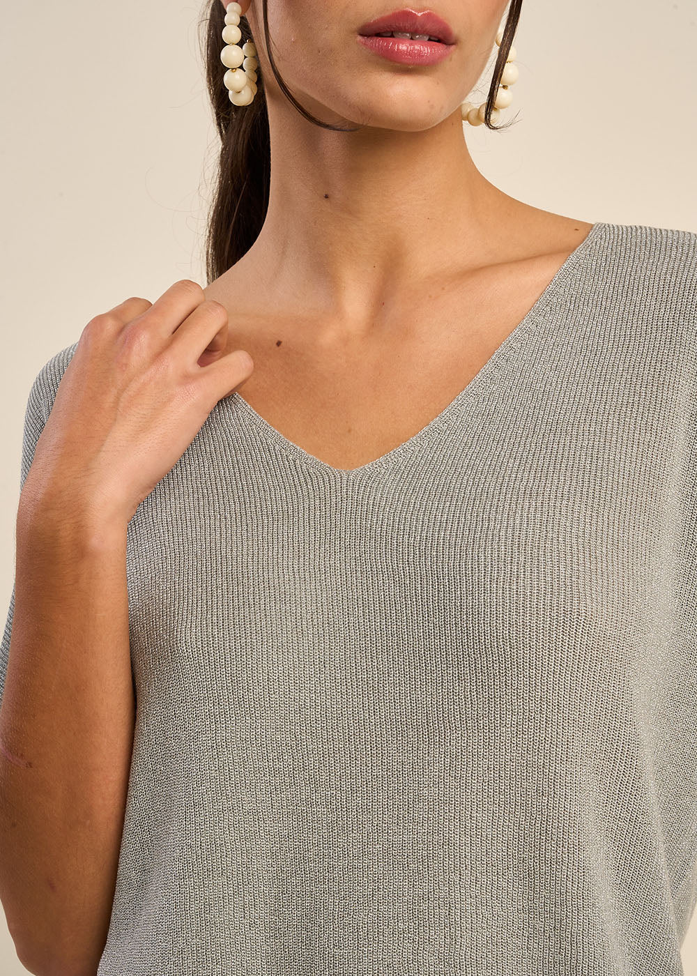 MIKOLLAYX Pull col V manches courtes avec détails fils lurex - 2 - Sud Express - Sud Express