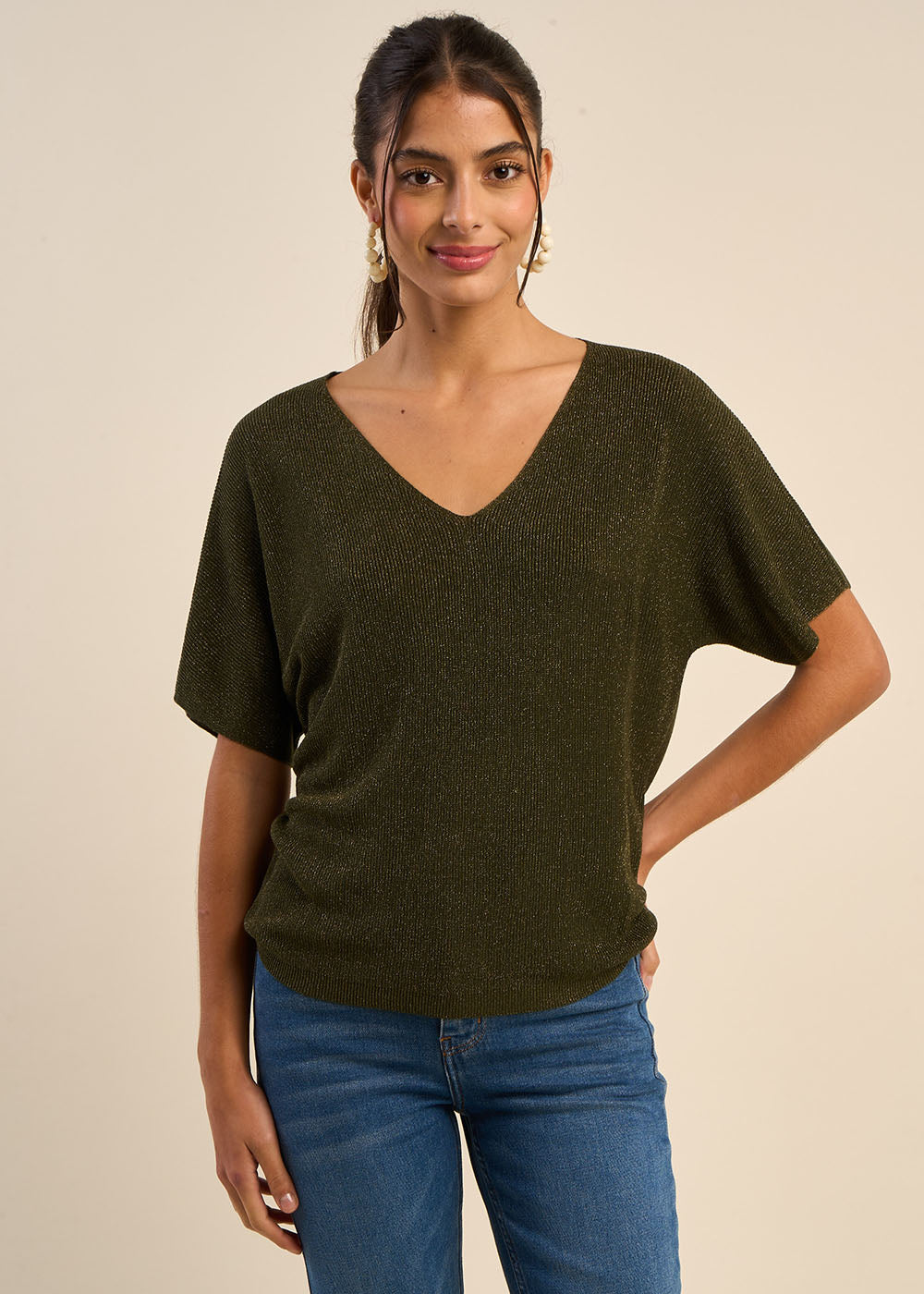 MIKOLLAYX Pull col V manches courtes avec détails fils lurex - 1 - Sud Express - Sud Express