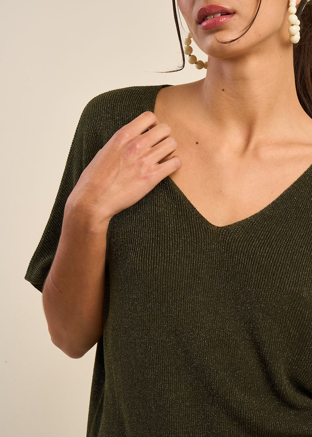 MIKOLLAYX Pull col V manches courtes avec détails fils lurex - 4 - Sud Express - Sud Express