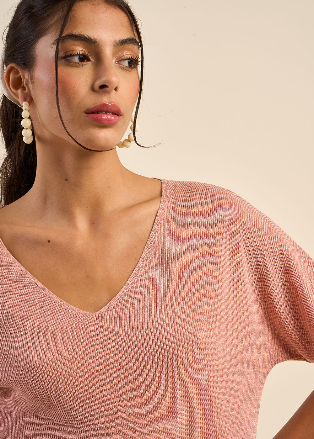 MIKOLLAYX Pull col V manches courtes avec détails fils lurex - 2 - Sud Express - Sud Express