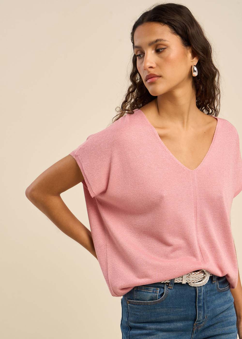 MARGARRET Pull oversize à col V et manches courtes - 1 - Sud Express - Sud Express