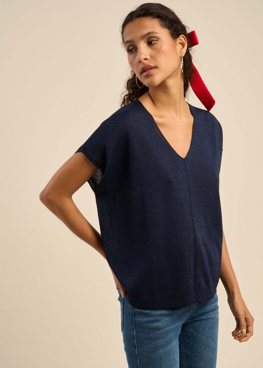 MARGARRET Pull oversize à col V et manches courtes - 1 - Sud Express - Sud Express