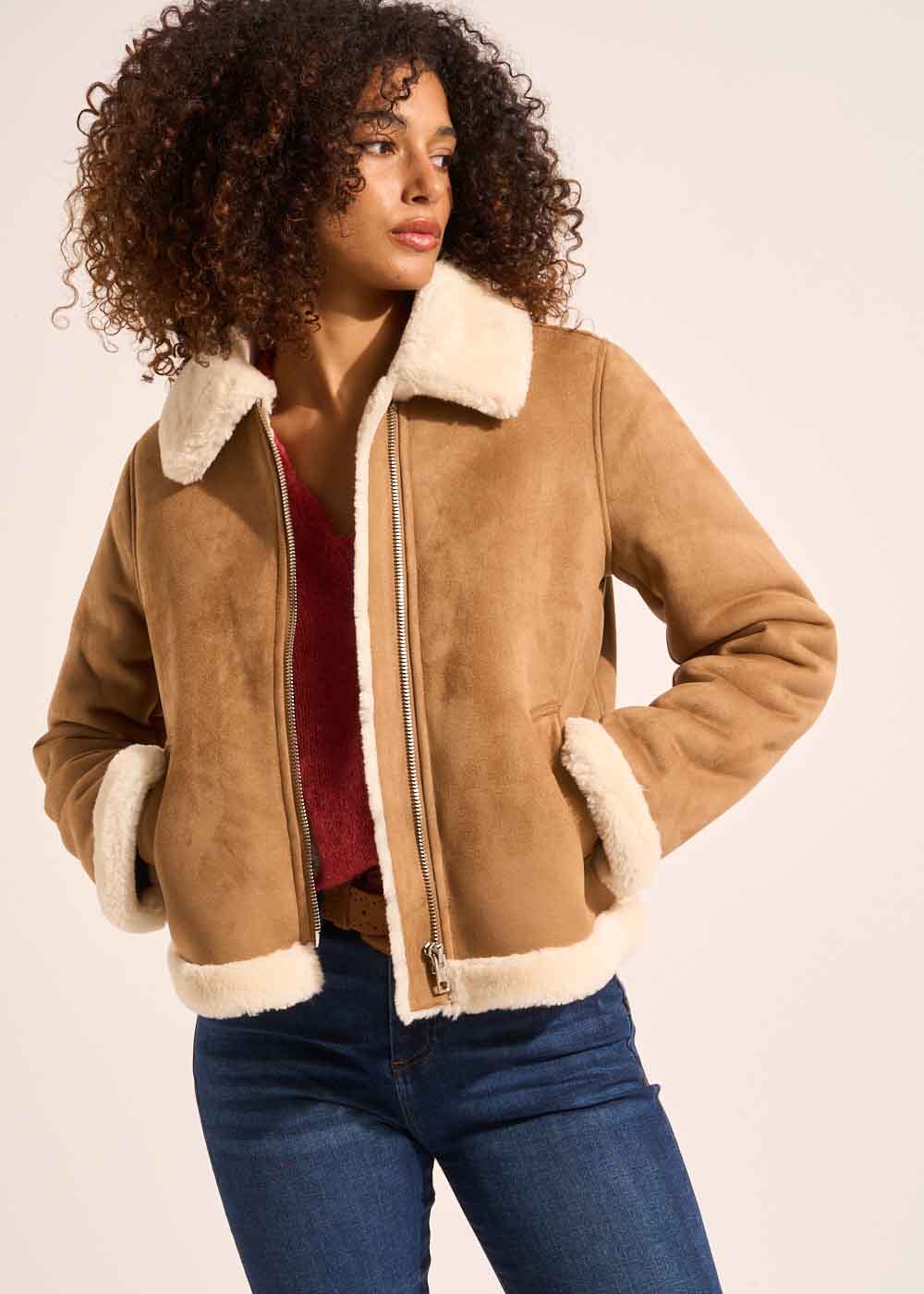 Veste courte en faux suède doublé fausse fourrure - Sud Express - 1 - Sud Express