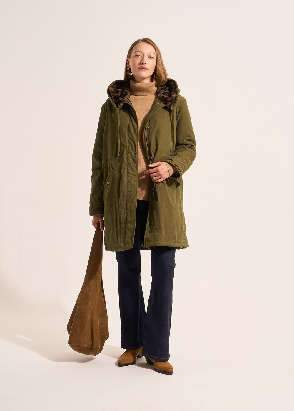 Parka mi longue à capuche avec doublure fausse fourrure léopard - Sud Express - 1 - Sud Express