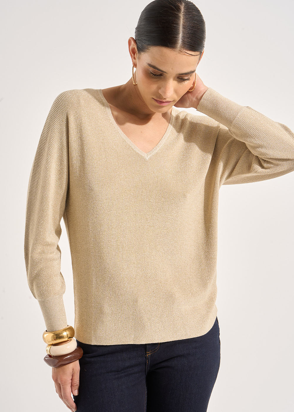 MACARENOU Pull col V manches chauve-souris avec fils lurex - 2 - Sud Express - Sud Express