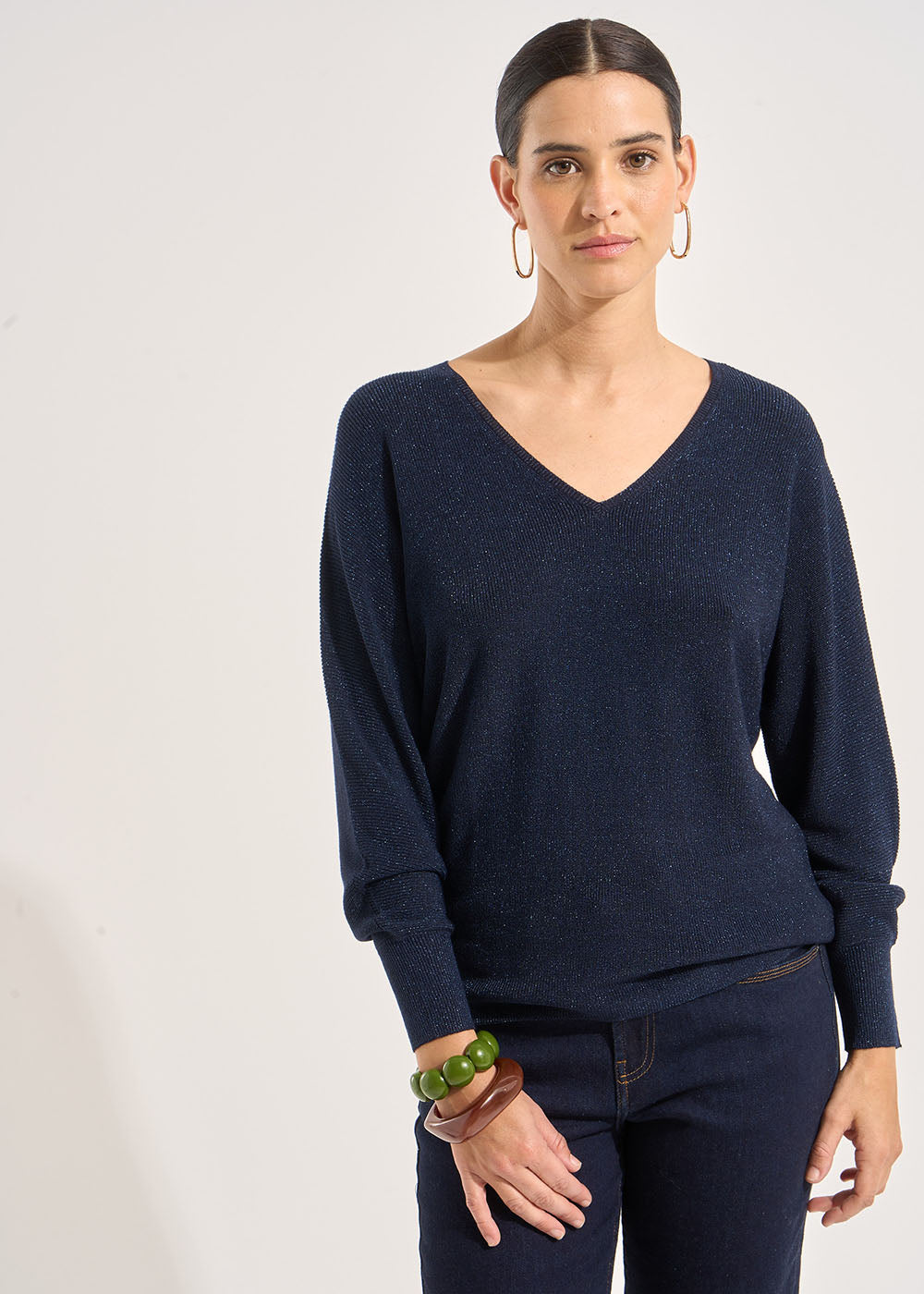 MACARENOU Pull col V manches chauve-souris avec fils lurex - 1 - Sud Express - Sud Express