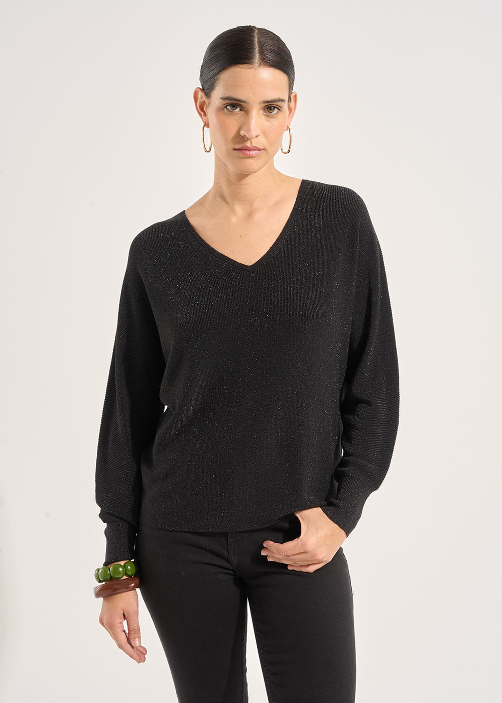 MACARENOU Pull col V manches chauve-souris avec fils lurex - 1 - Sud Express - Sud Express