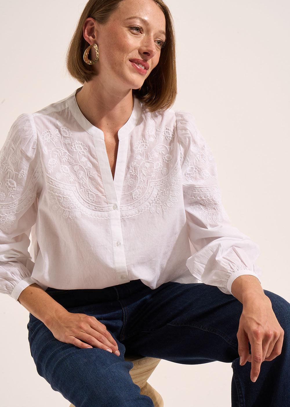 CALENA Chemise ample en voile de coton brodé et col tunisien - 1 - Sud Express - Sud Express