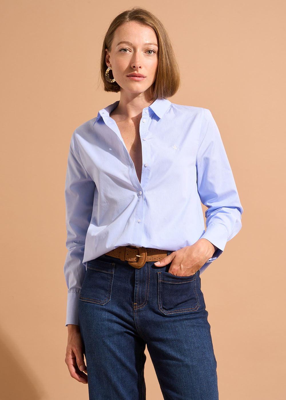 Chemise cintrée en coton rayé avec broderie étoile - Sud Express - 5 - Sud Express