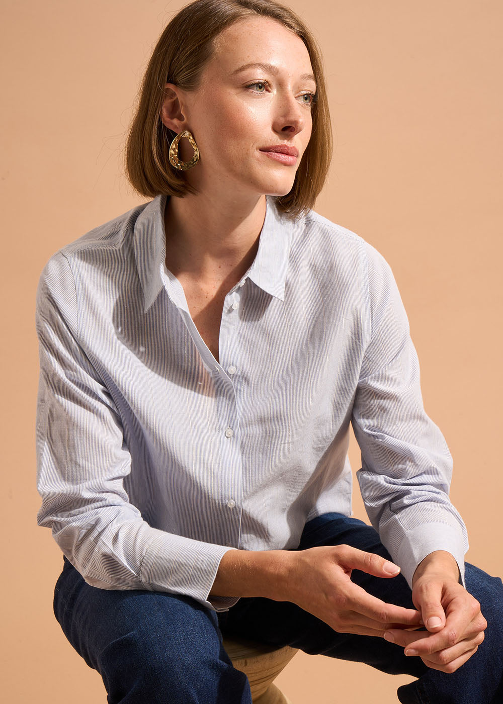 CORES Chemise cintrée en coton à rayures ciel et fil lurex - 1 - Sud Express - Sud Express