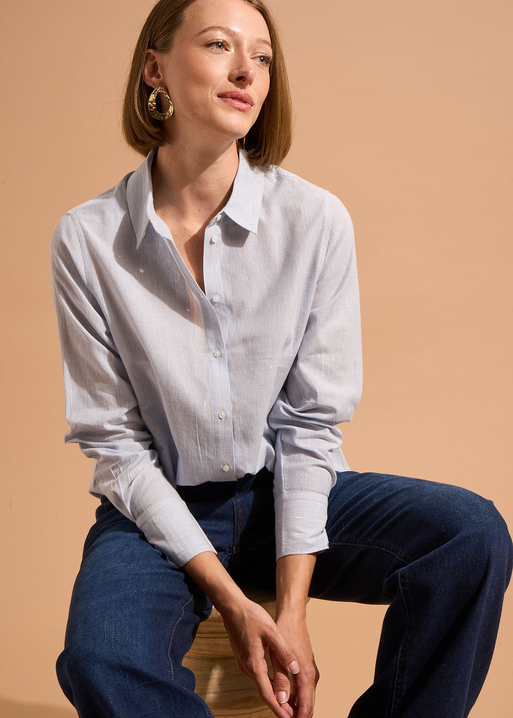 CORES Chemise cintrée en coton à rayures ciel et fil lurex - 4 - Sud Express - Sud Express