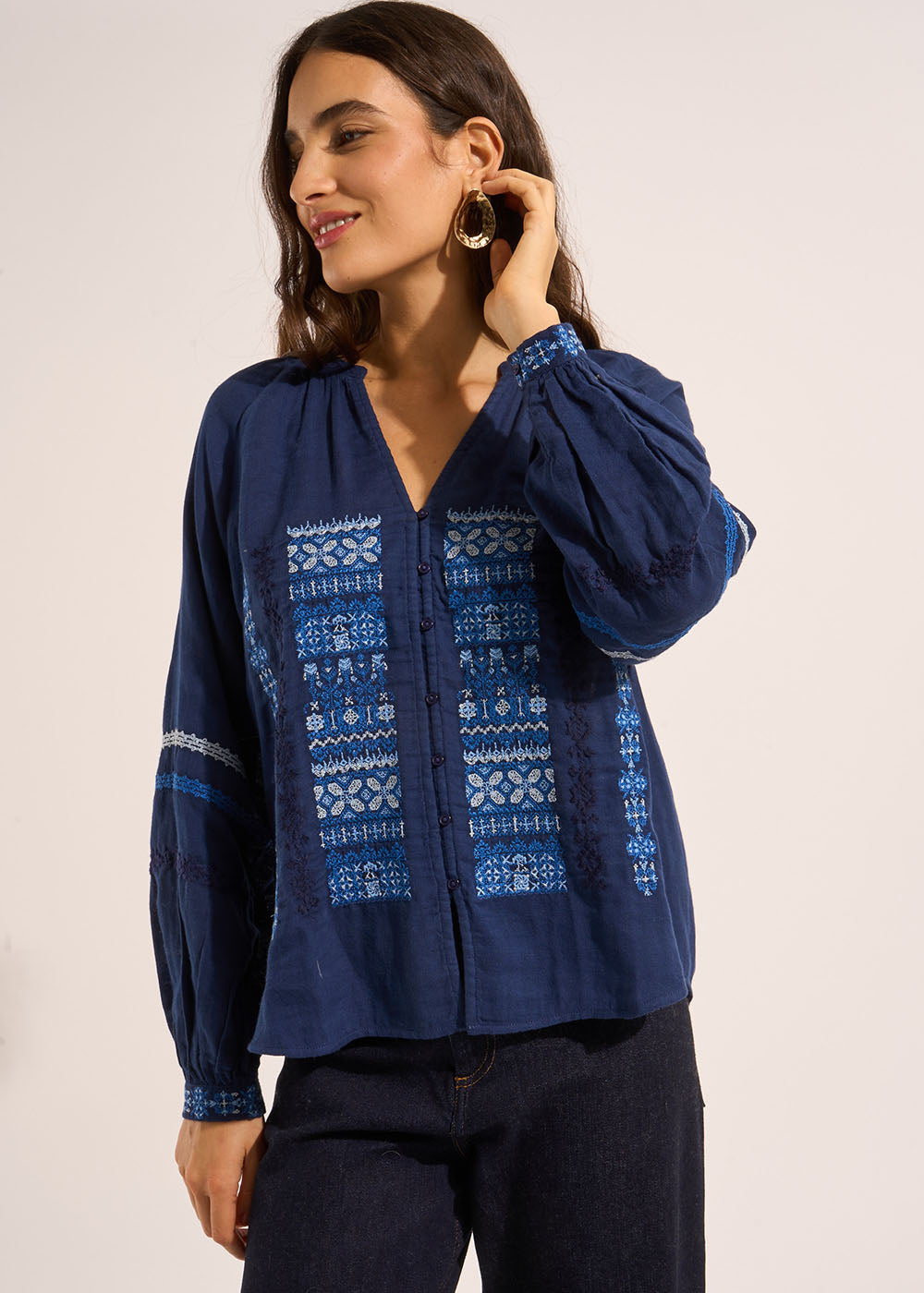 TIDIGO Chemisier en coton brodé et avec manches longues bouffantes - 1 - Sud Express - Sud Express