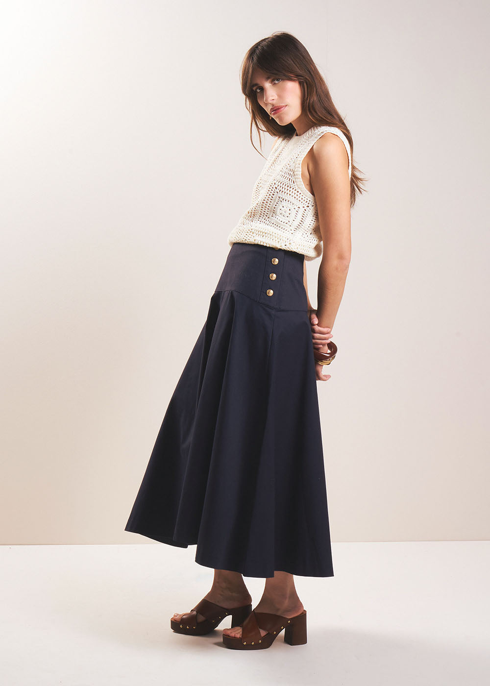 JULIETTE Jupe midi évasée avec des boutons dorés - 1 - Sud Express - Sud Express