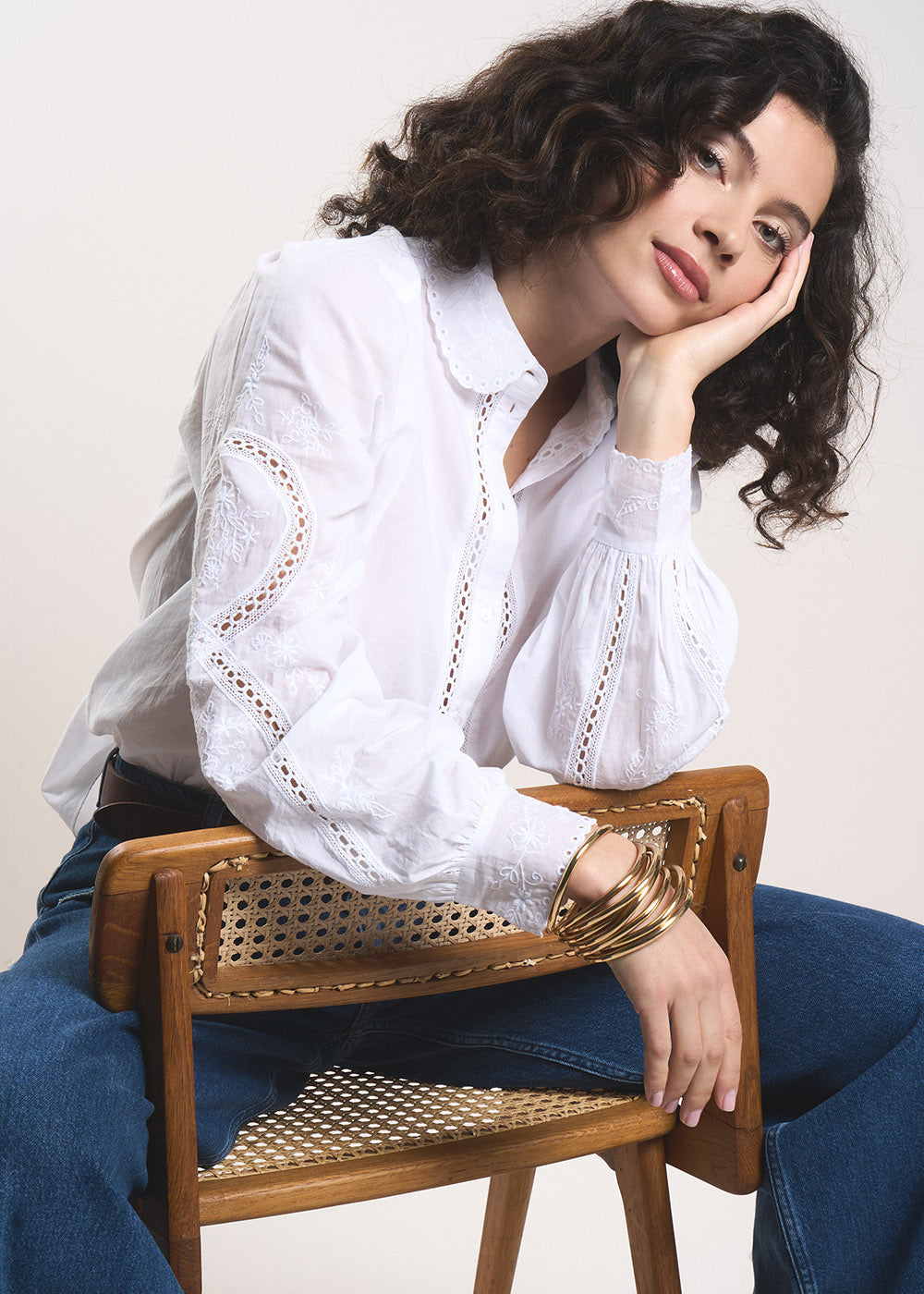 Chemisier brodé manches longues bouffantes en coton - Sud Express - 1 - Sud Express