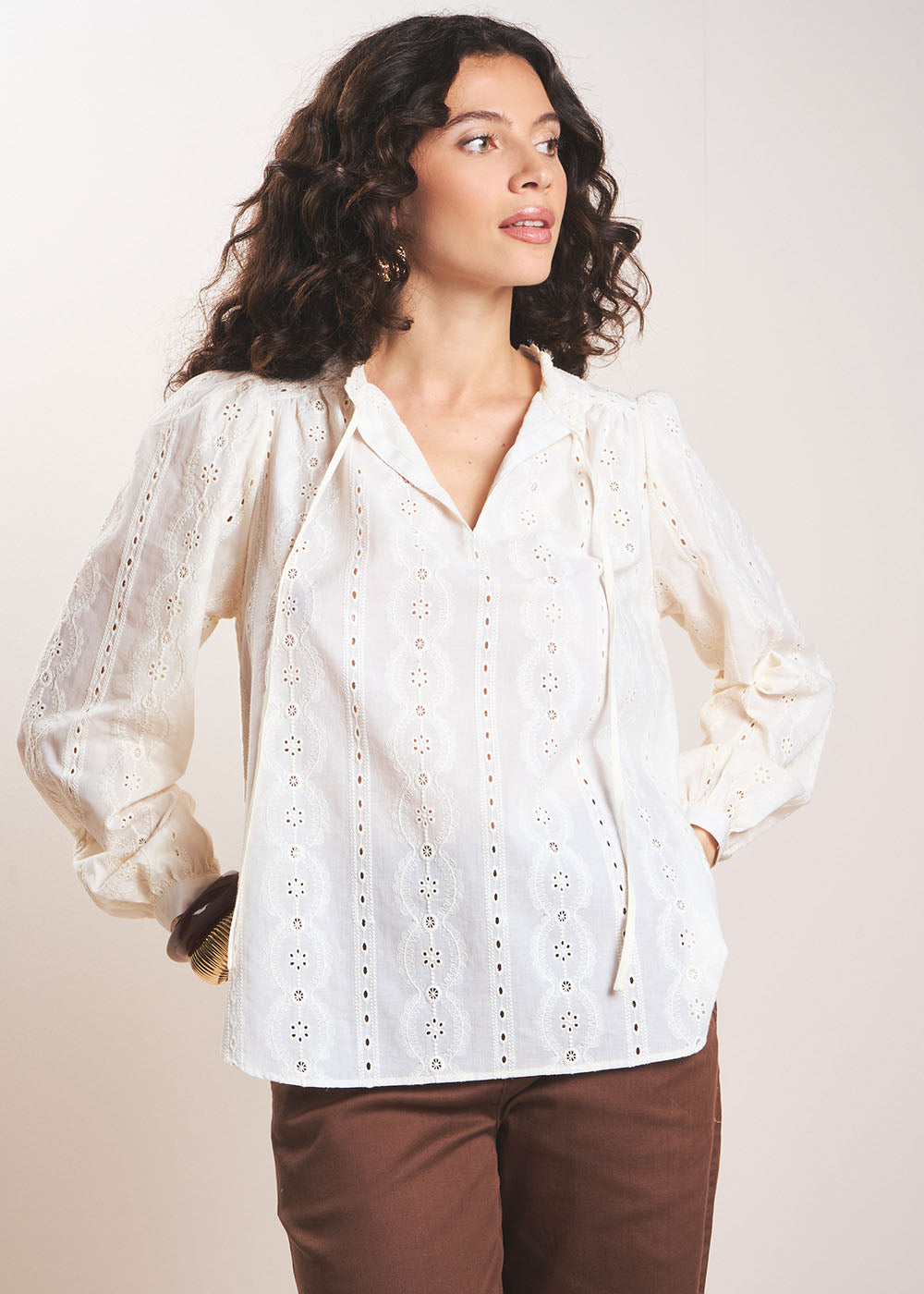 TORENZA Blouse en coton brodé à col tunisien - 1 - Sud Express - Sud Express