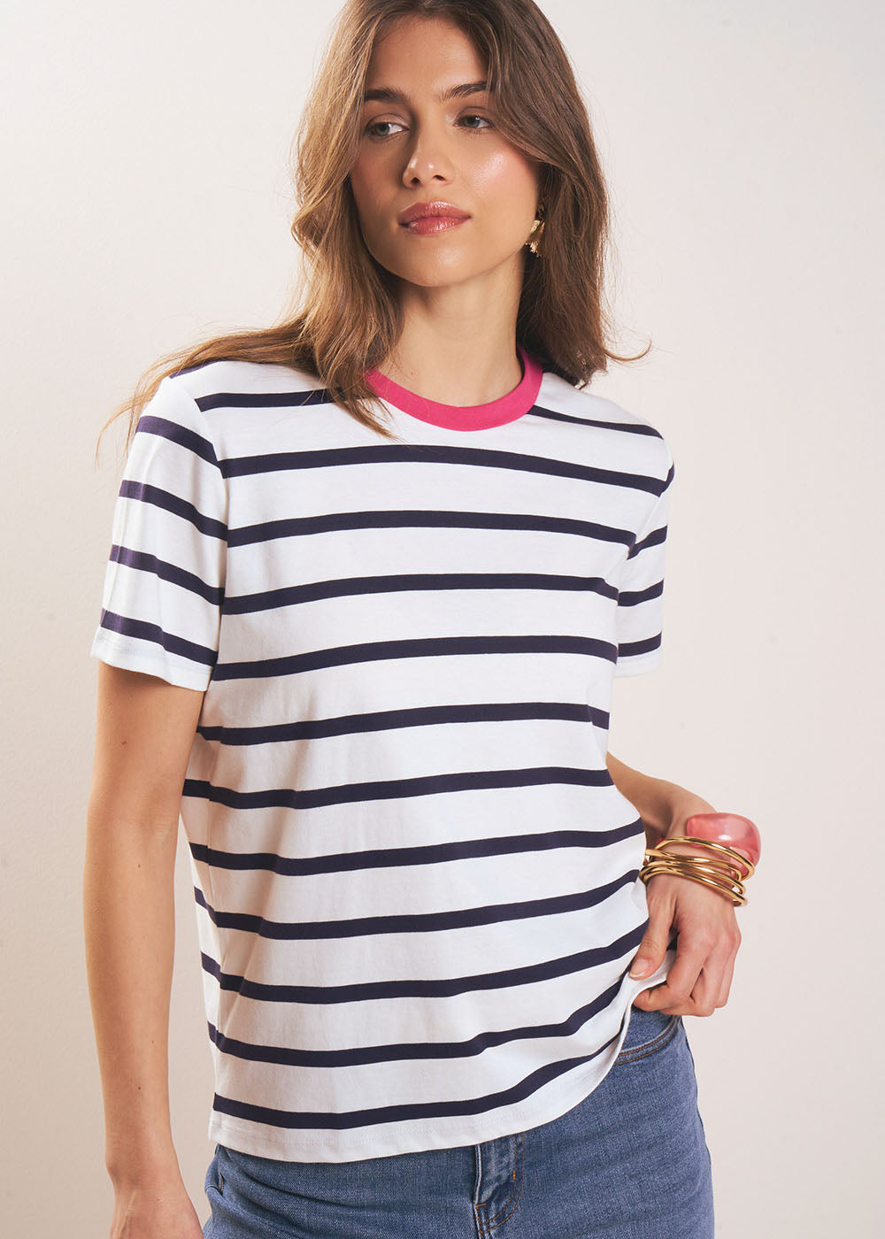 TALULY T-shirt marinière col fuchsia - 1 - Sud Express - Sud Express