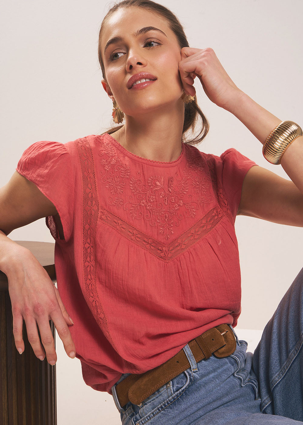 TOLIVIE  Top gaze de coton détails macramé - 1 - Sud Express - Sud Express