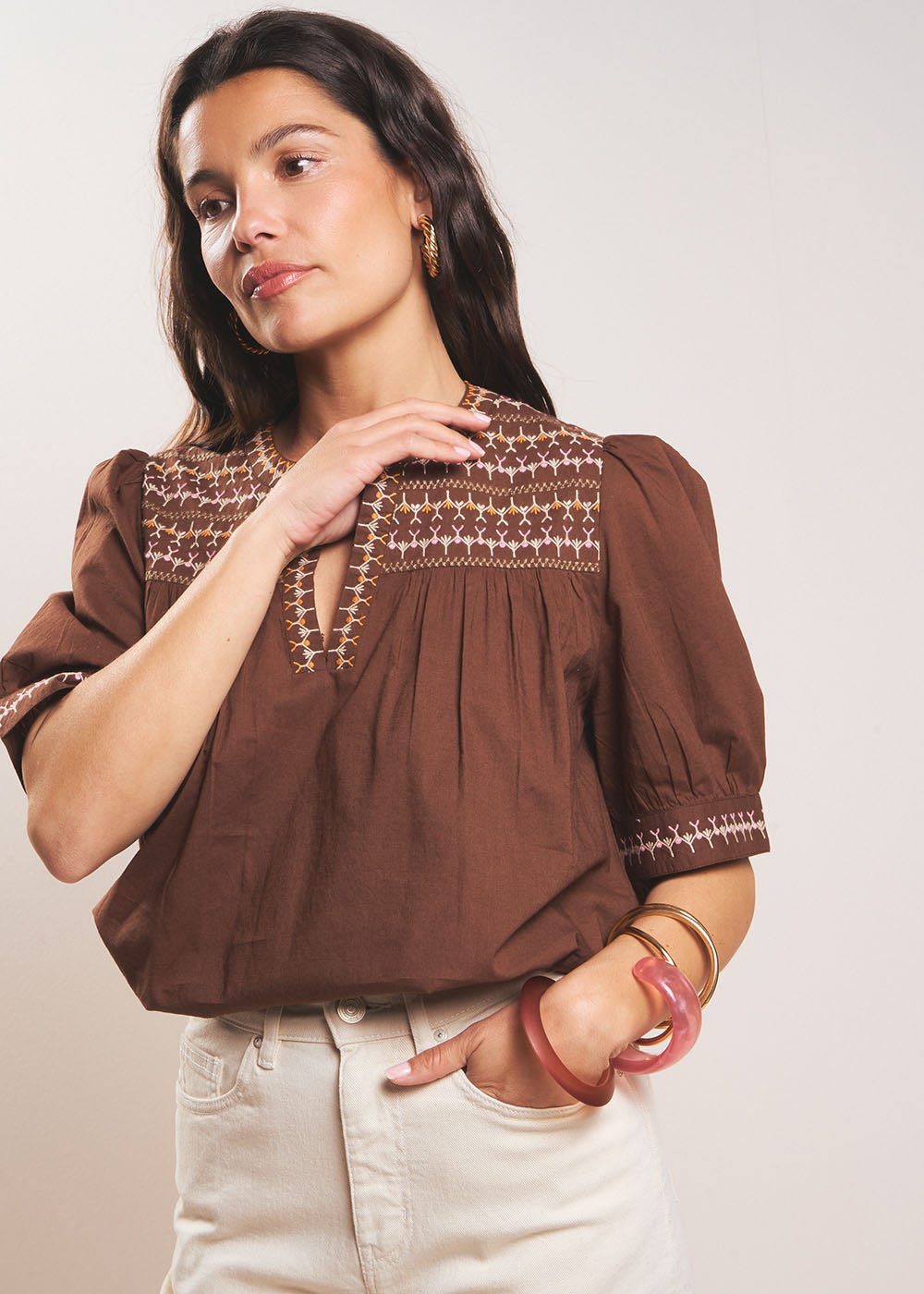 Blouse chocolat à fronces en coton - Sud Express - 4 - Sud Express