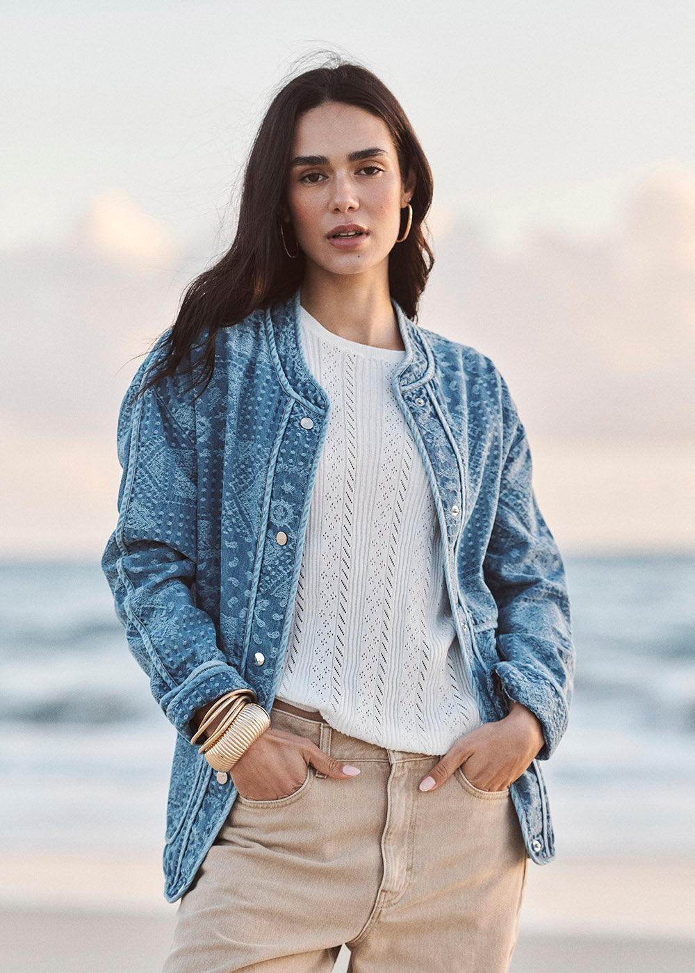 VECLAIR Veste jacquard col mao en denim - 1 - Sud Express - Sud Express