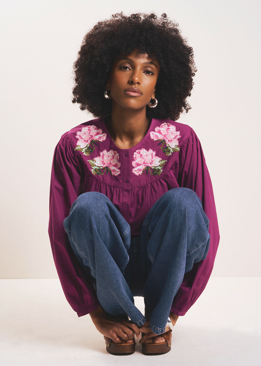 CALIK Blouse ample à broderies florales et manches bouffantes - 1 - Sud Express - Sud Express