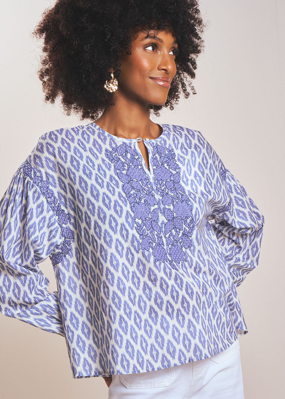 TAMAELLE Blouse en coton imprimé et col tunisien - 1 - Sud Express - Sud Express