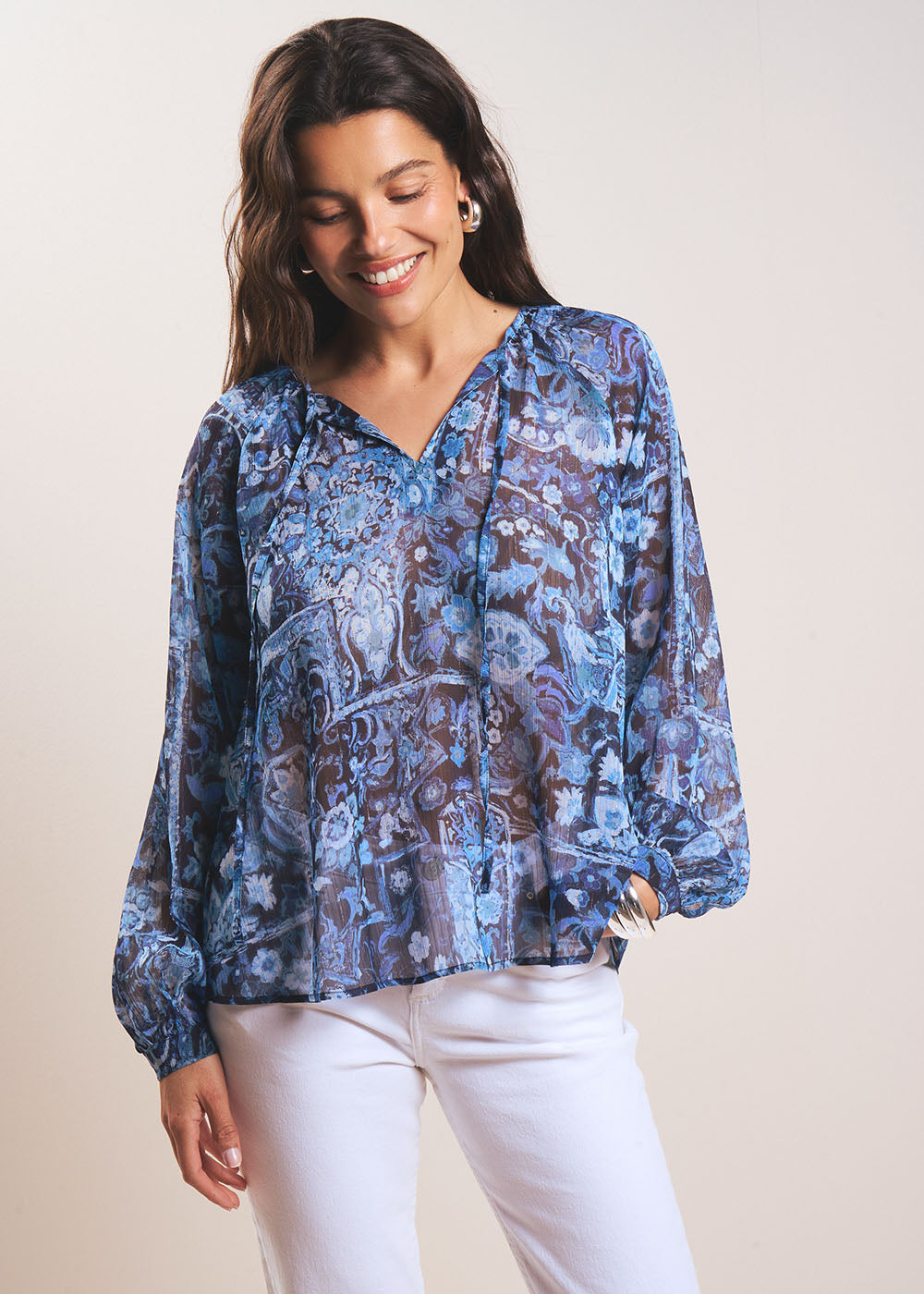 Blouse imprimée encolure V avec lien - Sud Express - 1 - Sud Express