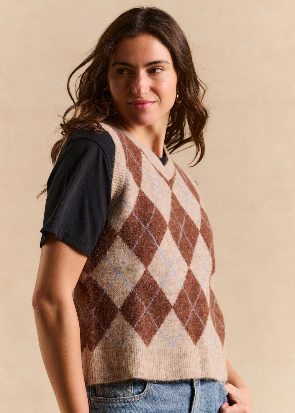 Pull sans manches col V jacquard losange - Sud Express - 5 - Sud Express