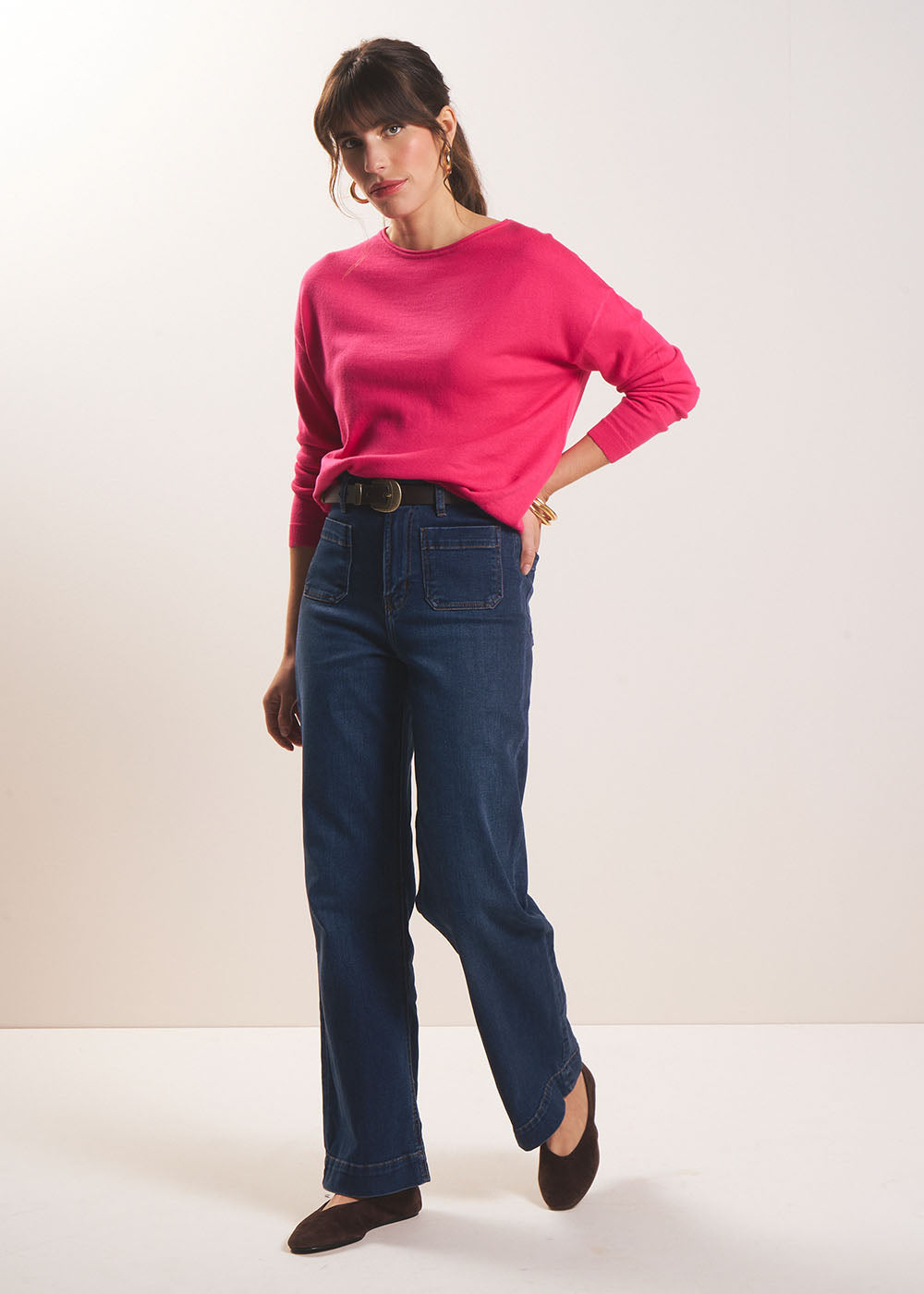 STACY  Jean à jambes larges avec revers et taille haute - 1 - Sud Express - Sud Express