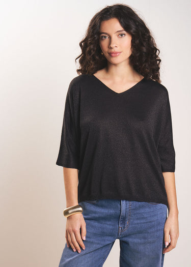 MIKOLORPull col V oversize en maille brillante et manches courtes