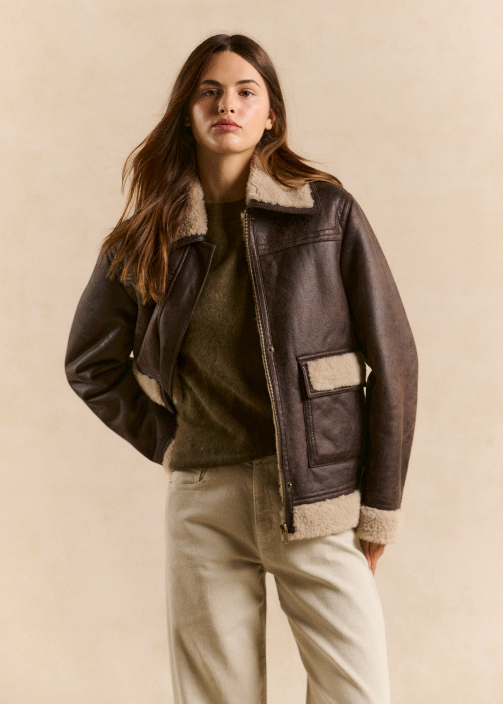 MANDARINE Veste droite effet suede col fourrure - 1 - Sud Express - Sud Express