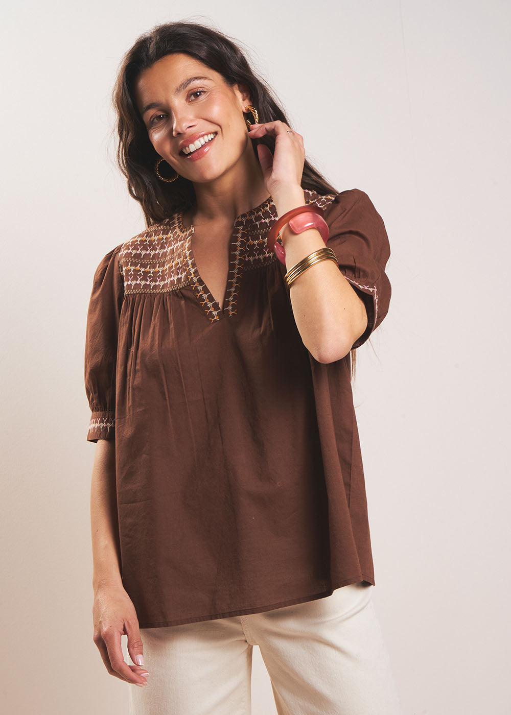 Blouse chocolat à fronces en coton - Sud Express - 5 - Sud Express