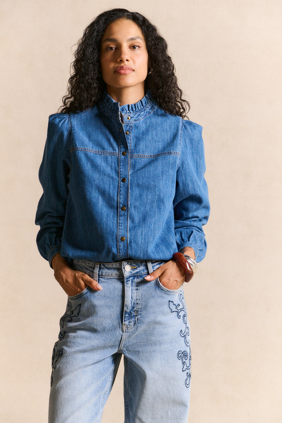 COLUA Chemise denim col volanté - 1 - Sud Express - Sud Express