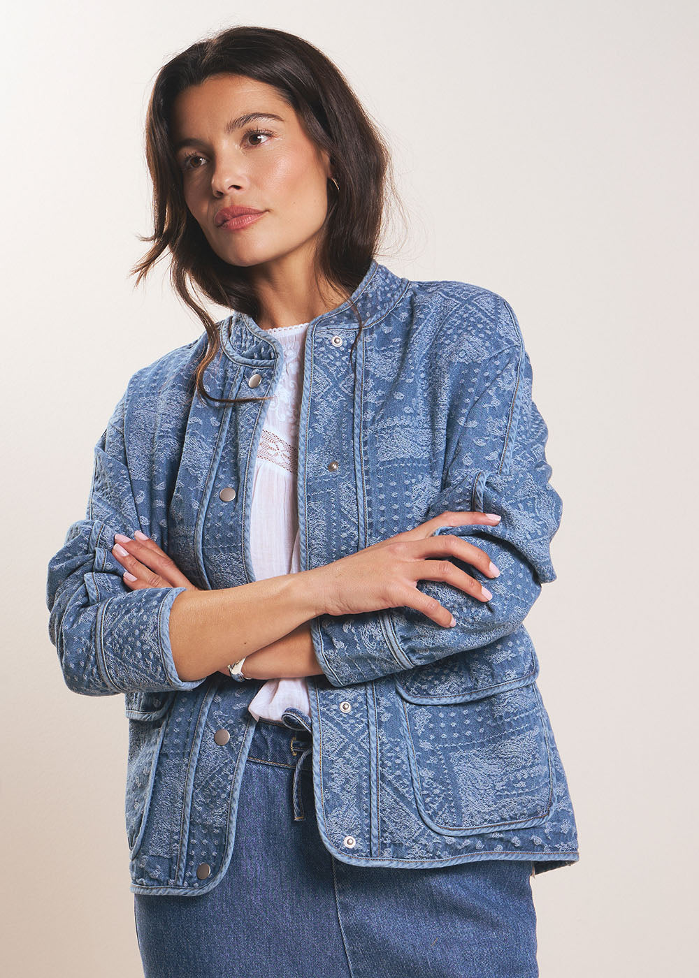 Veste jacquard col mao en denim - Sud Express - 5 - Sud Express