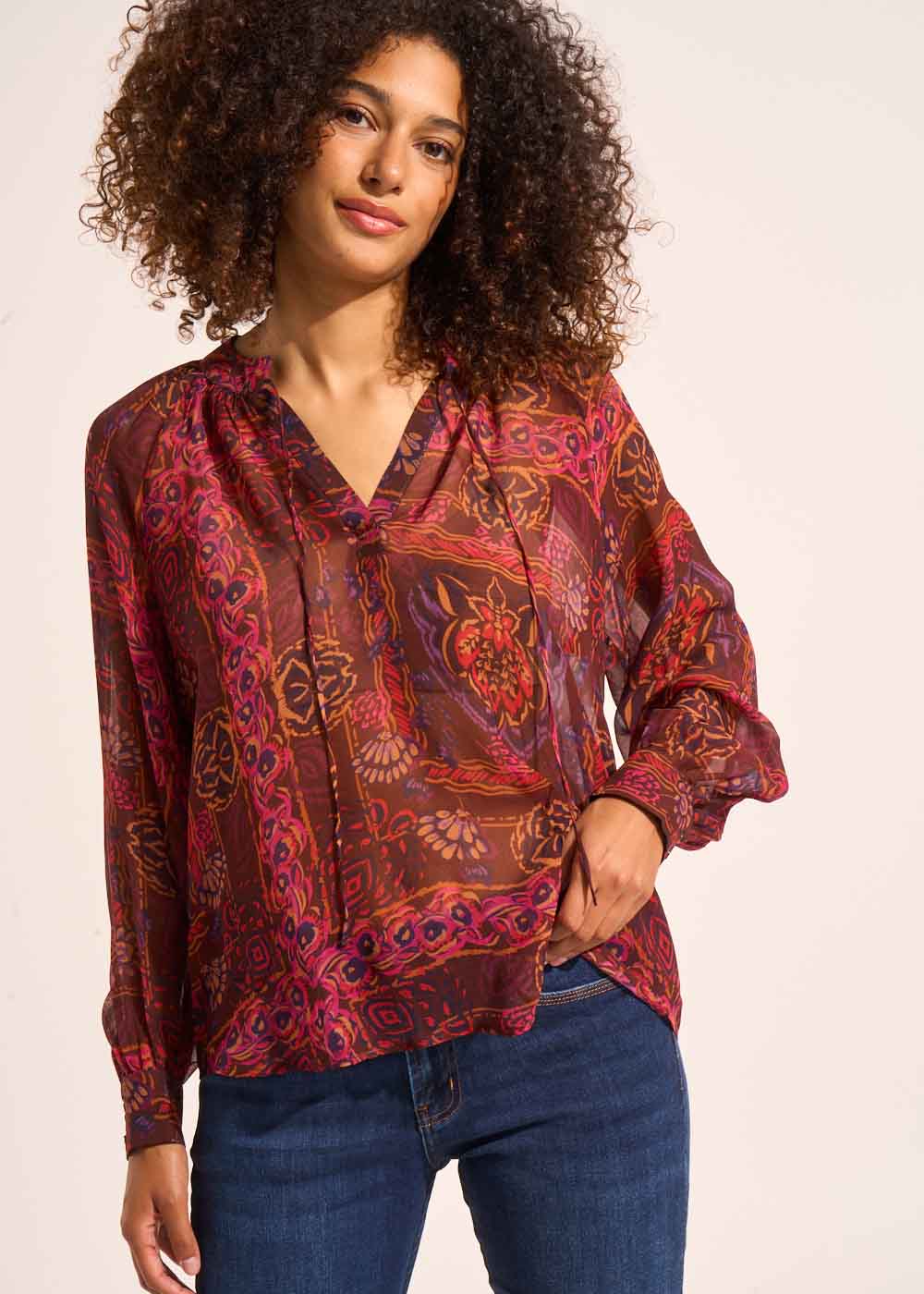 Blouse fluide imprimée avec des manches longues bouffantes - Sud Express - 1 - Sud Express