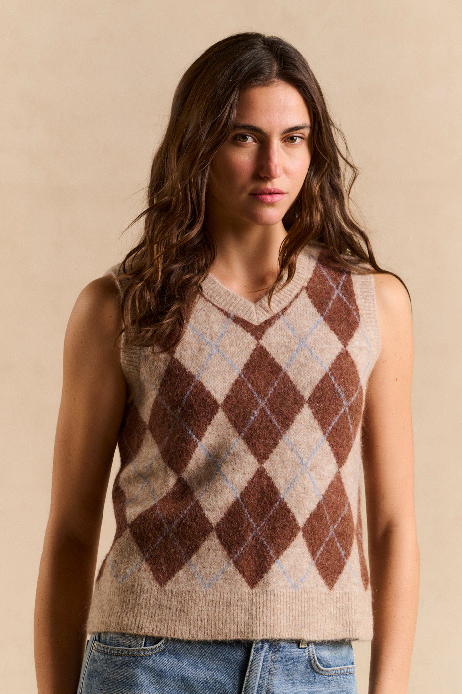 Pull sans manches col V jacquard losange - Sud Express - 4 - Sud Express