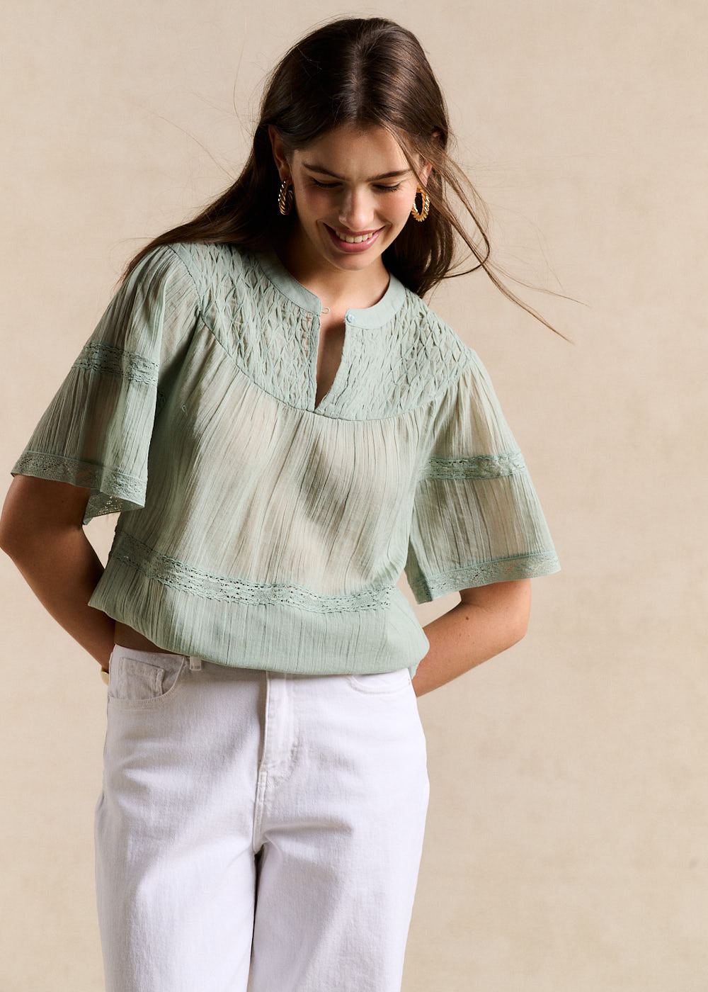 Top en coton à broderie et smock - Sud Express - 1 - Sud Express