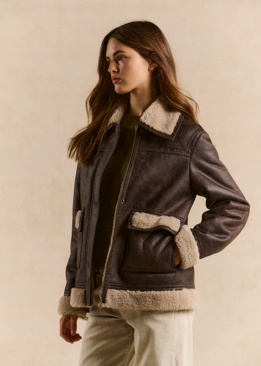 Veste droite effet suede col fourrure - Sud Express - 4 - Sud Express