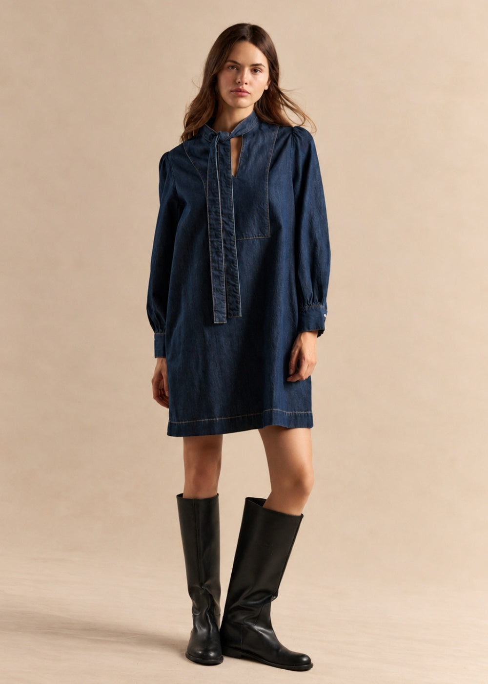 RALINIA Robe courte en denim col lavallière - 1 - Sud Express - Sud Express