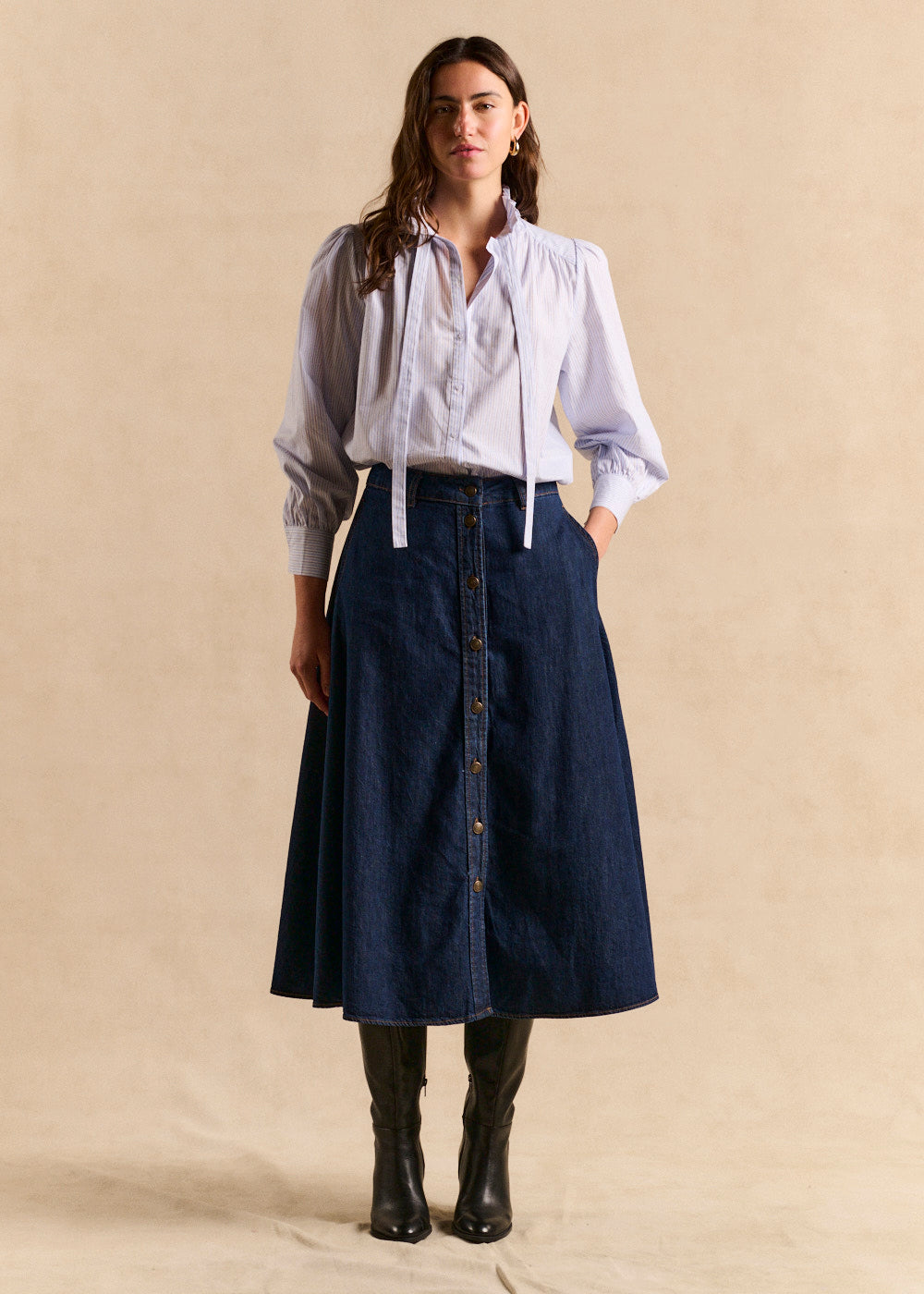 JEANNA Jupe midi évasée en denim boutonnée - 1 - Sud Express - Sud Express