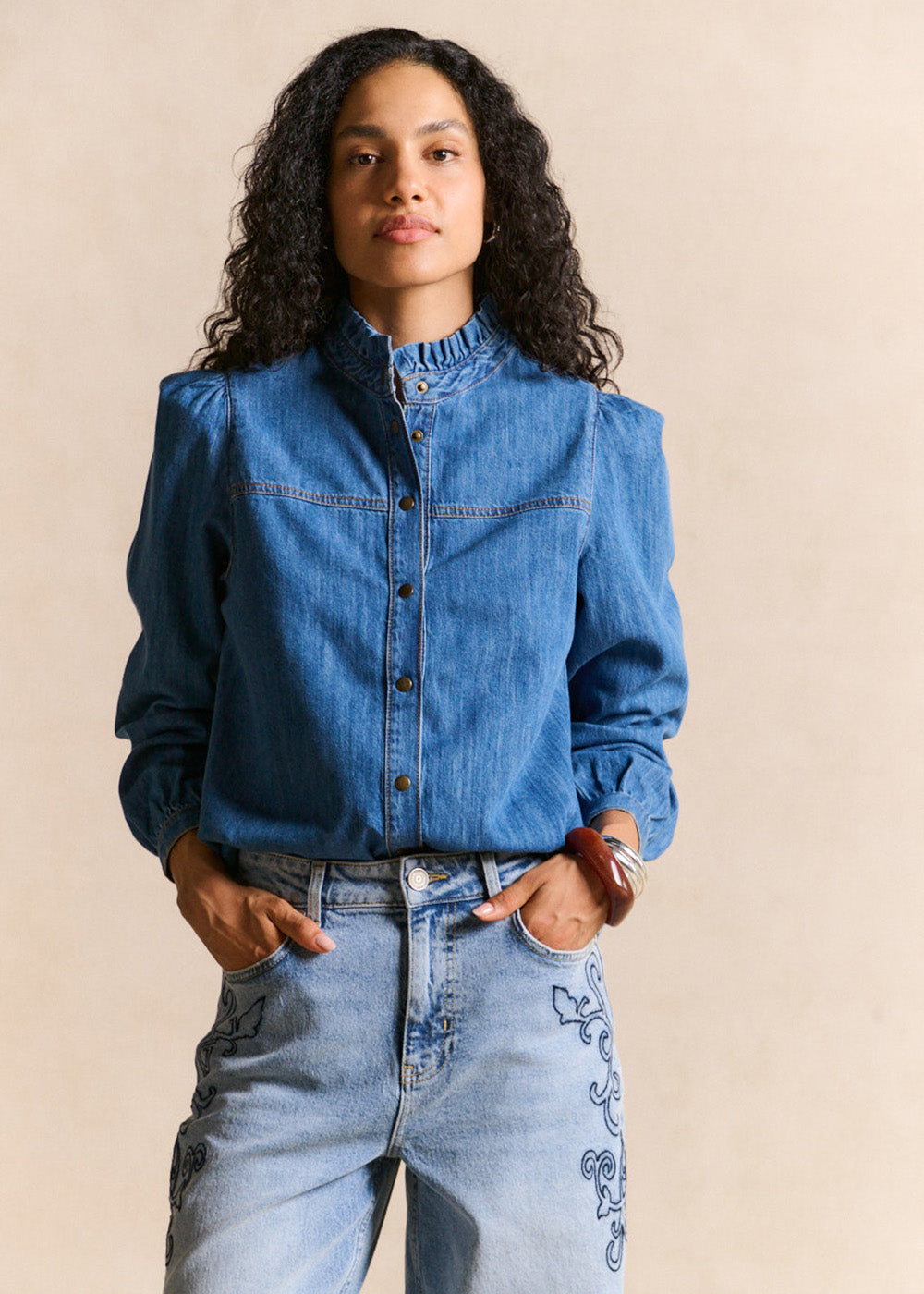 COLUA Chemise denim col volanté - 1 - Sud Express - Sud Express