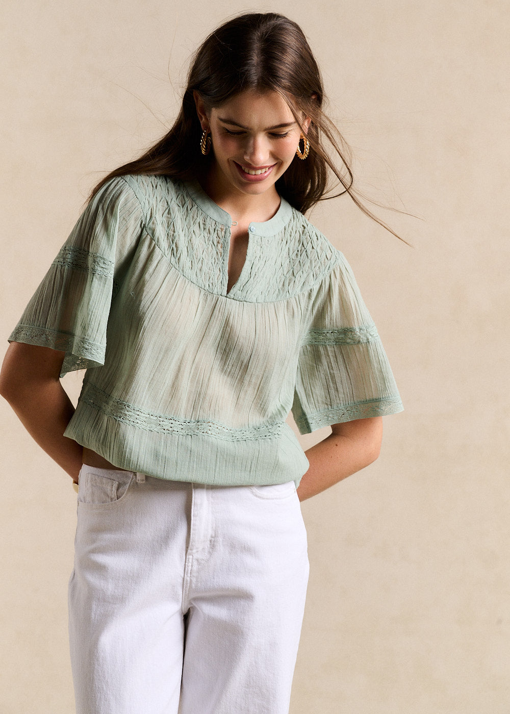 TOLBIA Top en coton à broderie et smock - 1 - Sud Express - Sud Express
