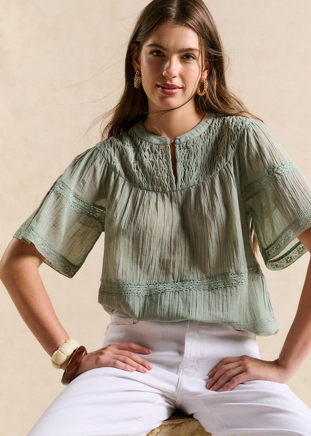 TOLBIA Top en coton à broderie et smock - 4 - Sud Express - Sud Express